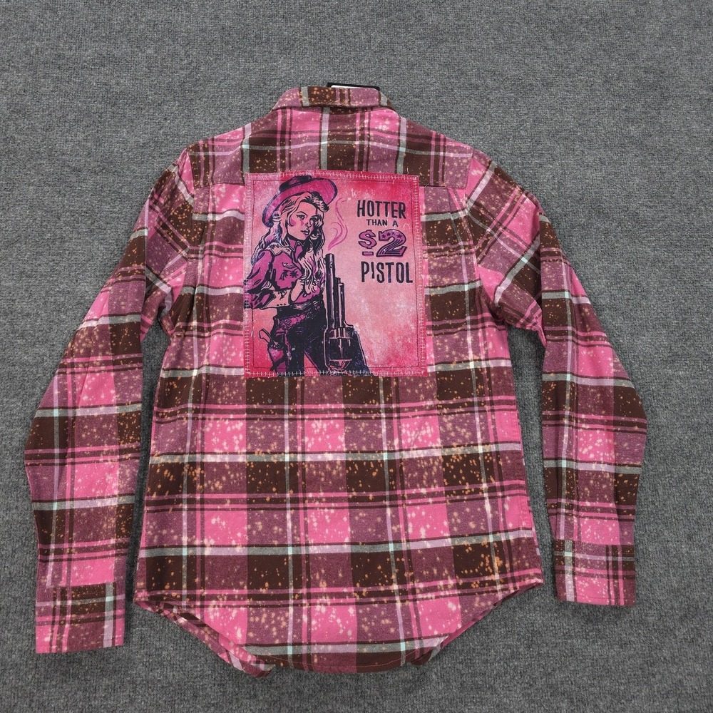 Angry Minnow Shirt Mens Small Pink Plaid Flannel Western‎ $2 Pistol Cowgirl Back